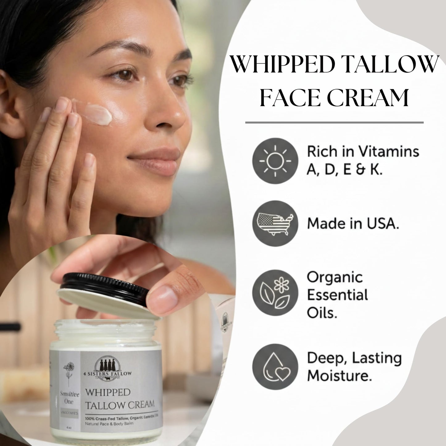 100% Grass Fed Beef Tallow For Face & Skin - All Natural Tallow Face Cream - Whipped Moisturizer Lotion - Made in USA - 100% Organic Essential Oils - Lrg 4 Fl Oz - For Sensitive Skin - (Unscented)