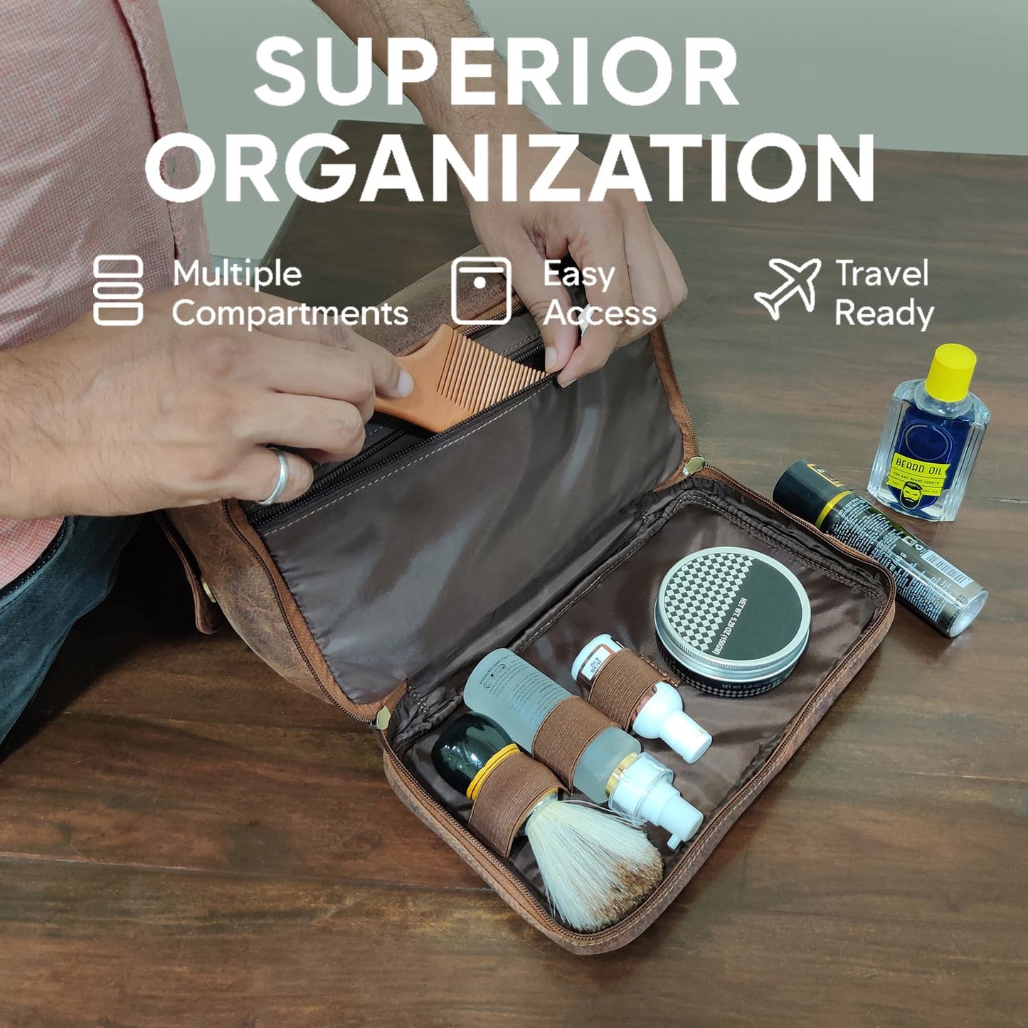 RusticTown Leather Toiletry Bag for Men - Travel Shaving Dopp Kit - Bathroom Shower Toiletries Organizer - Cosmetic Make up Bag for Women, Cognac, M, Mens Travel Toiletry Kit Bag, Cognac, M, Mens
