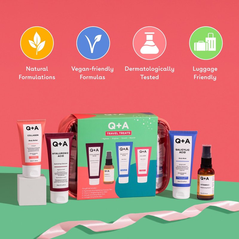 Q+A Travel Treats Gift Set, 4-Piece Skincare & Bodycare Minis with Travel Bag, Hydrating Fcaial Cleanser (75ml), Vitamin C Serum (30ml), Salicylic Acid Body Wash (75ml) & Collagen Body Butter (50ml)