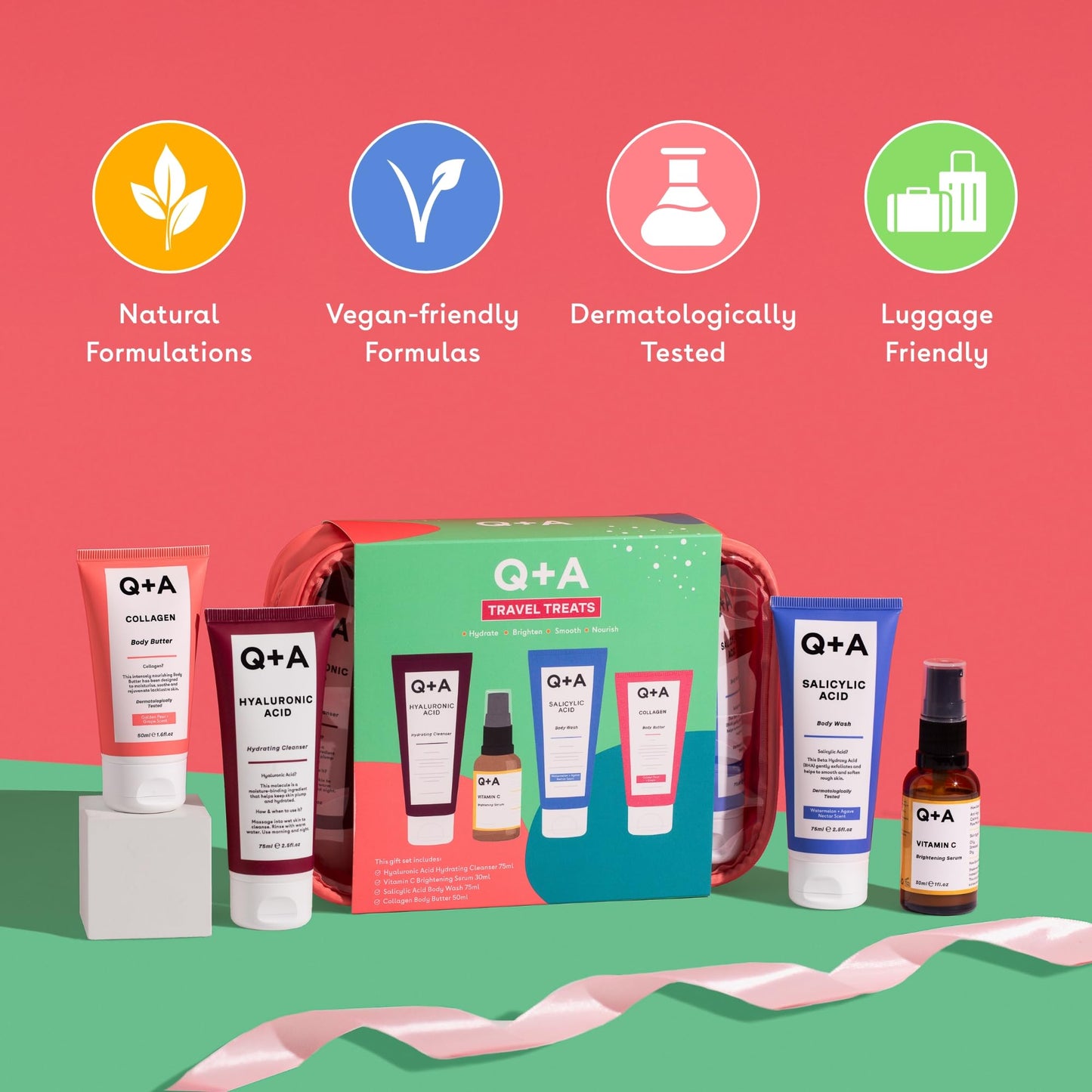 Q+A Travel Treats Gift Set, 4-Piece Skincare & Bodycare Minis with Travel Bag, Hydrating Fcaial Cleanser (75ml), Vitamin C Serum (30ml), Salicylic Acid Body Wash (75ml) & Collagen Body Butter (50ml)