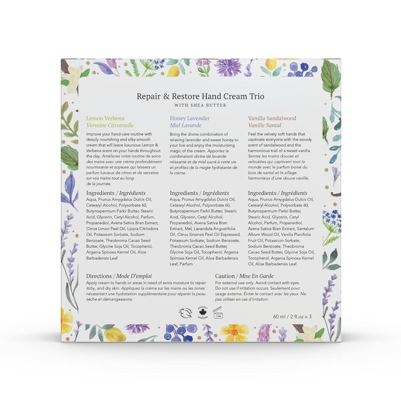 Hand Cream Set - Moisturizing Shea Butter & Cocoa Butter | 3 Scents: Lemon Verbena, Honey Lavender, Vanilla Sandalwood - 60 ml