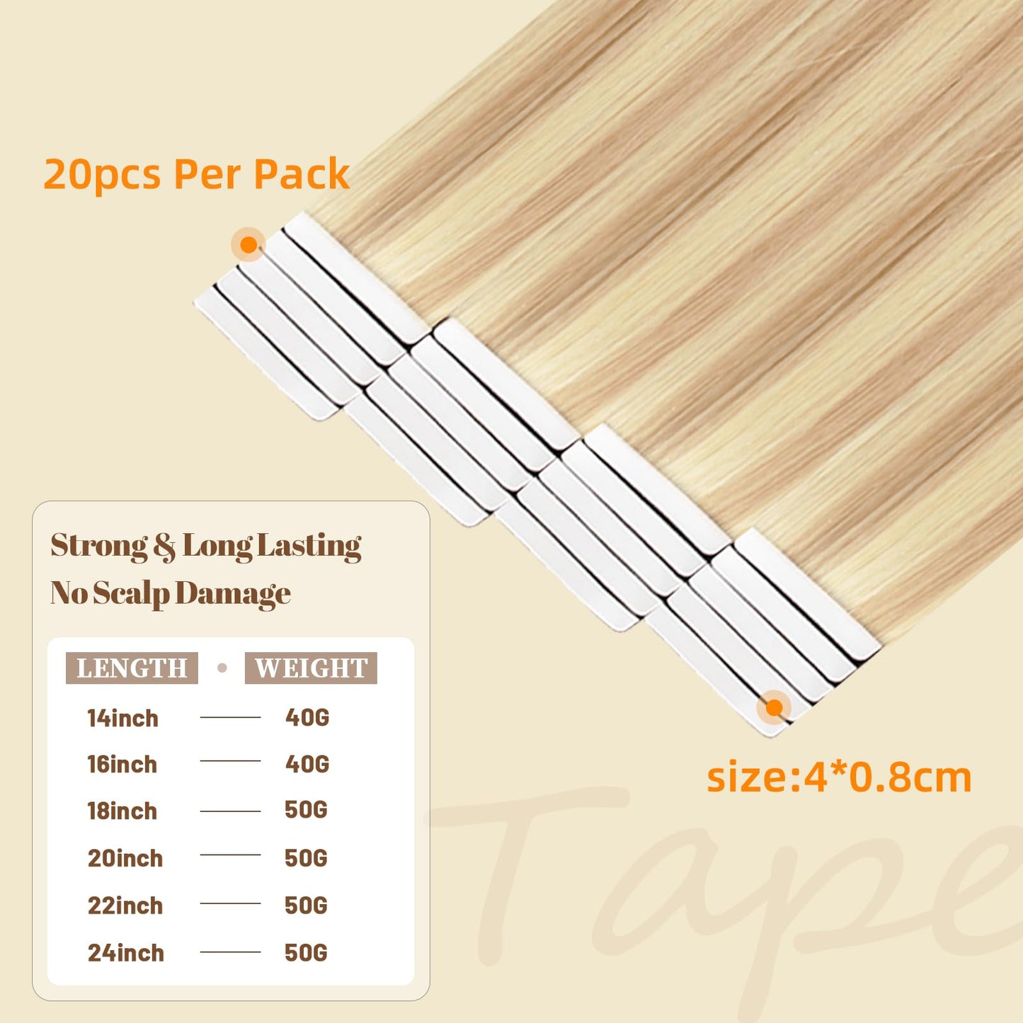 DNE Tape in Hair Extensions Real Human Hair 16 inches 20Pcs/50g/Pack Seamless #27/613 Light Color Straight Invisible Double Sided Tape in Hair Extensions for Women/Girls Can Bleached and Curl