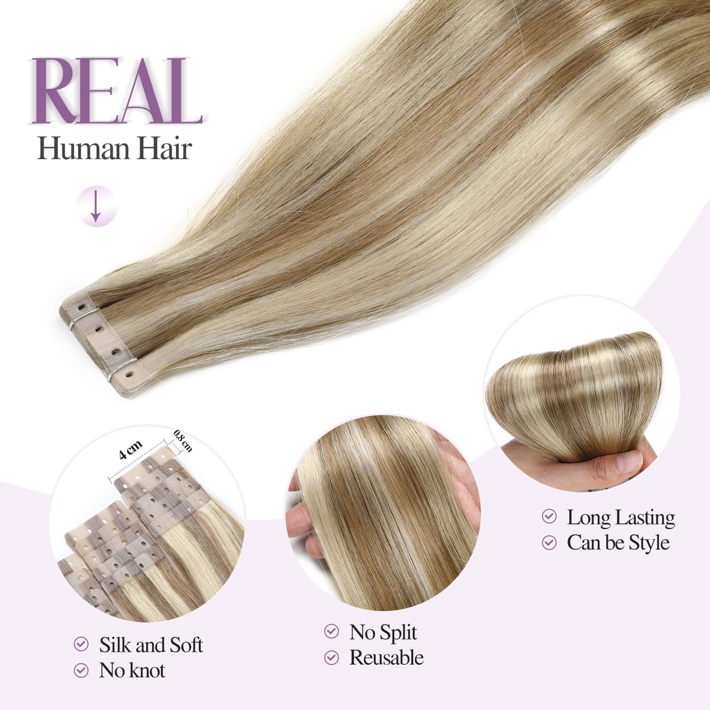 FANCEE OVO Hair Extensions Real Human Hair PU Holes Wefts with Micro Beads Blonde Highlight Volume Upgrade Butterfly Seamless Weft Invisible Beaded Hair Extension with Tools(40g 20Pcs, 14 Inch)
