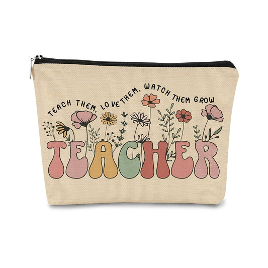BARPERY Teacher Appreciation Gifts, Thank You Teacher Gift Vintage Wildflowers Floral Cosmetic Bag, 60s 70s Groovy Retro Floral Cosmetic Bag for Women
