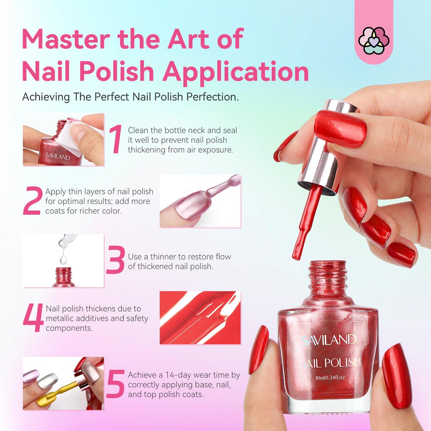 SAVILAND Mirror Quick Dry Nail Polish Set: Chrome Metallic Holographic Nails Polish Kit Gold Sliver Air Dry 14 Pcs Regular Nail Polish with Base and Top Coat DIY Art Salon Home Gift for Women