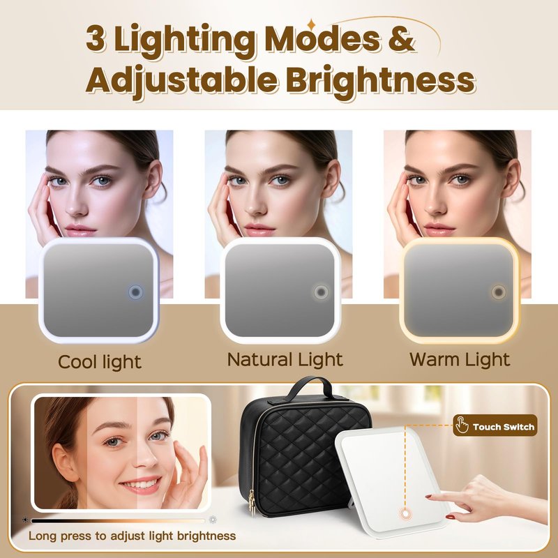 Elite Dance Gear Travel Makeup Bag with LED Mirror, Leather Cosmetic Train Cases with Adjustable Dividers, Makeup Organizer with Makeup Brush Storage Board for Women, Artist and More