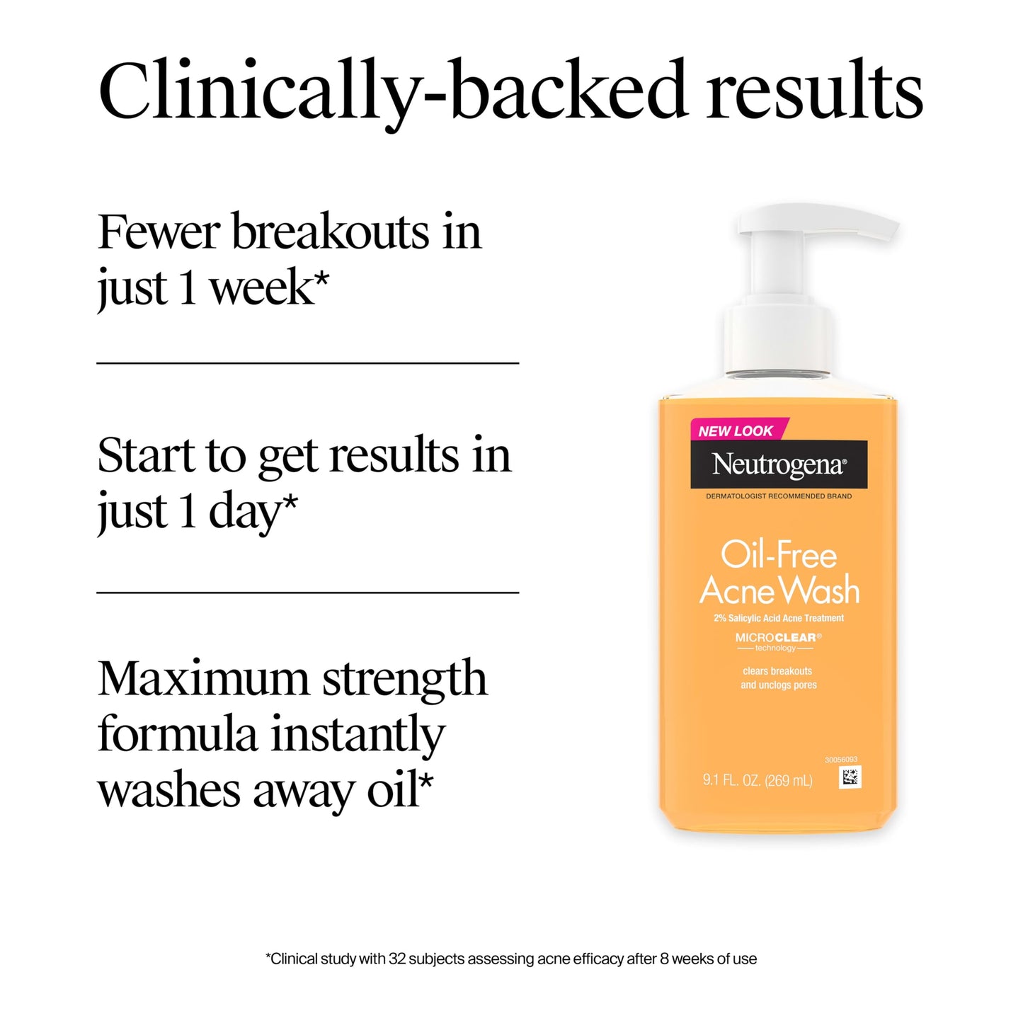 Neutrogena Oil Free Acne Face Wash for Oily Skin, Salicylic Acid Cleanser, Noncomedogenic, Residue Free, Easy Pump Bottles, 9.1 Fl Oz, 3 Count
