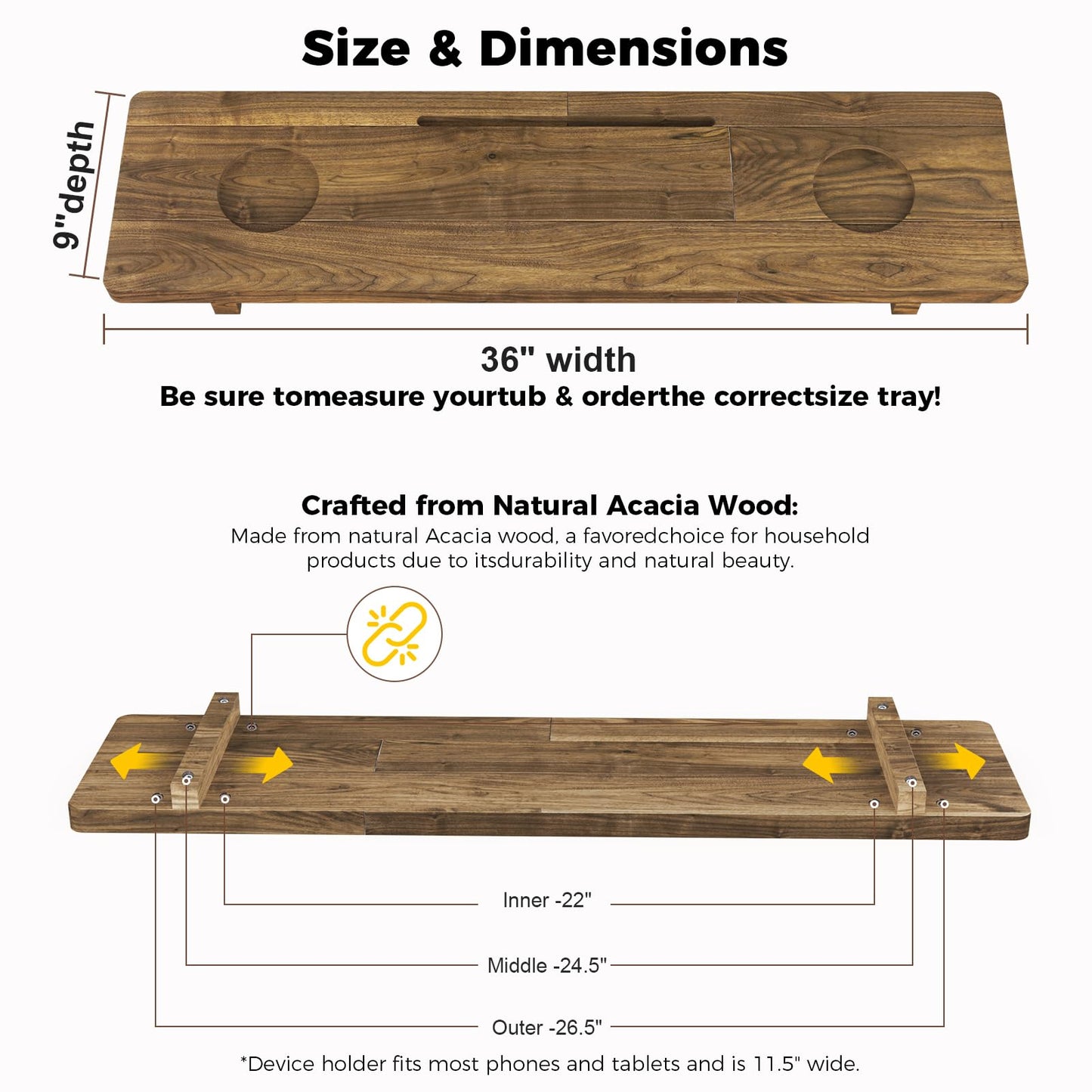 Premium Bathtub Tray for Freestanding Bath, Large & Thick 35” Acacia Wood Luxury Bath Tray for Tub， Anti-Tip, Non-Toxic, Adjustable Bathtub Trays for Tub with Bathroom Accessories Holder