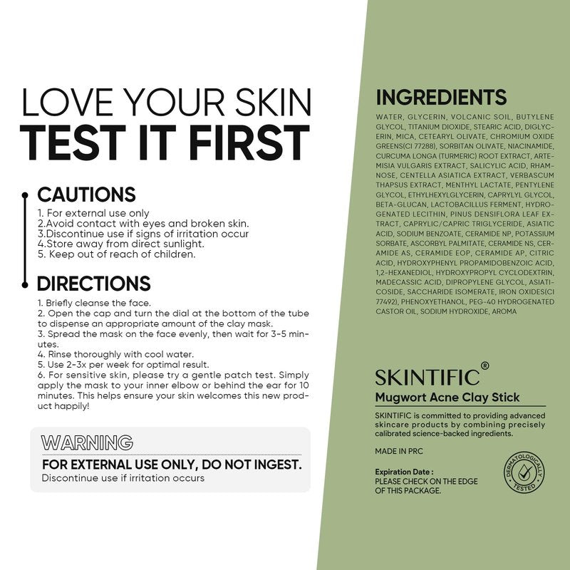 SKINTIFIC Mugwort Clay Stick Mask for Face, Redness Soothing & Breakout Control with Centella and Salicylic Acid, Gentle Exfoliating, Vegan Skincare, Wash-Off Facial Mud Mask