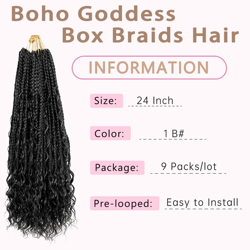 Boho Crochet Braids - Human Hair Pre-Looped Bohemian Extensions with Curly Ends | 24 Inch, Color 1B