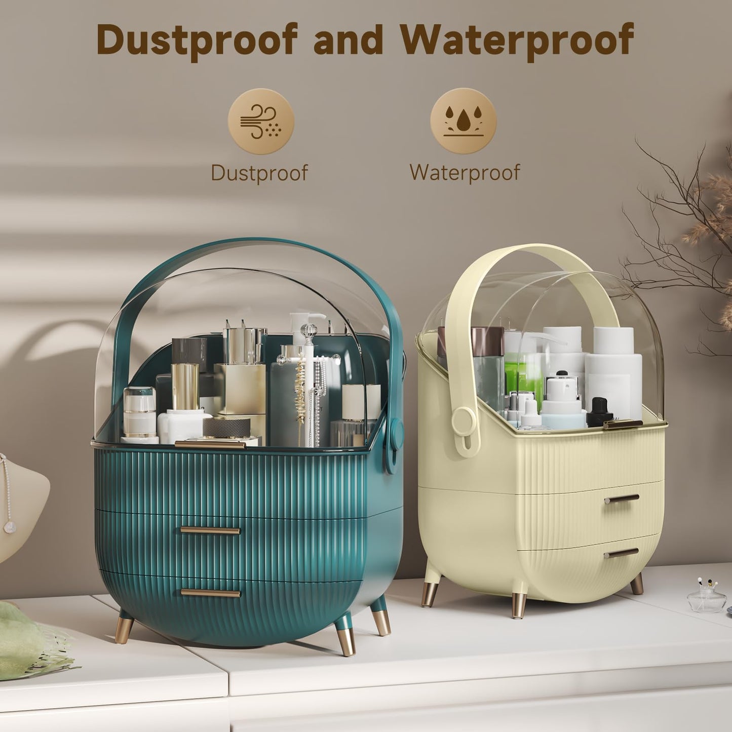 BTGGG Makeup Organizers, Make Up Organizer for Vanity, Countertop Cosmetic Storage with Drawers and Transparent Cover for Bedroom Bathroom, Maize-yellow