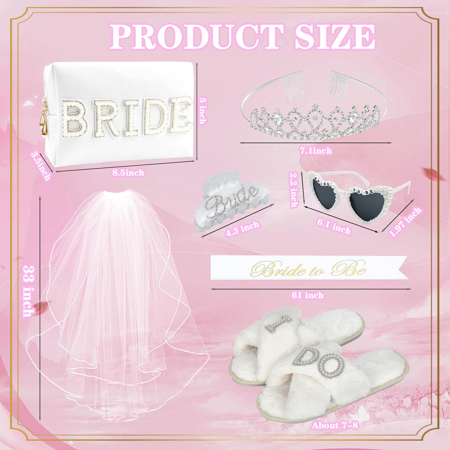 Bachelorette Gifts for Bride, Bride to Be Gifts, Bachelorette Party Decorations,Wedding Veil, Bride Makeup Bag, Bride Slippers, Bride Sash, Bride Hair Clip, Bridal Shower Gifts for Women Girls