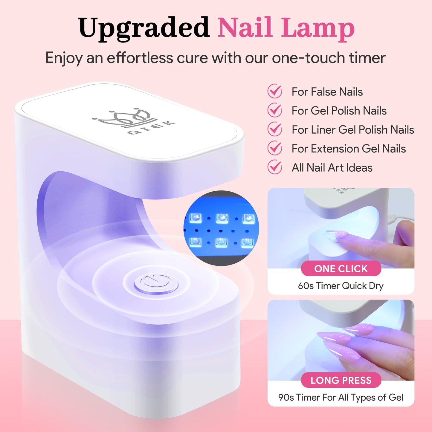 Qiek Medium Almond Pre-Building Nail Tips Kit, 15 Sizes 240 PCS Pre-shaped Apex Pink Thick Extensions Tip Soft Half Matte Press On Fake Nails Glue Gel Nail Lamp for DIY Beginners & Salon Manicure