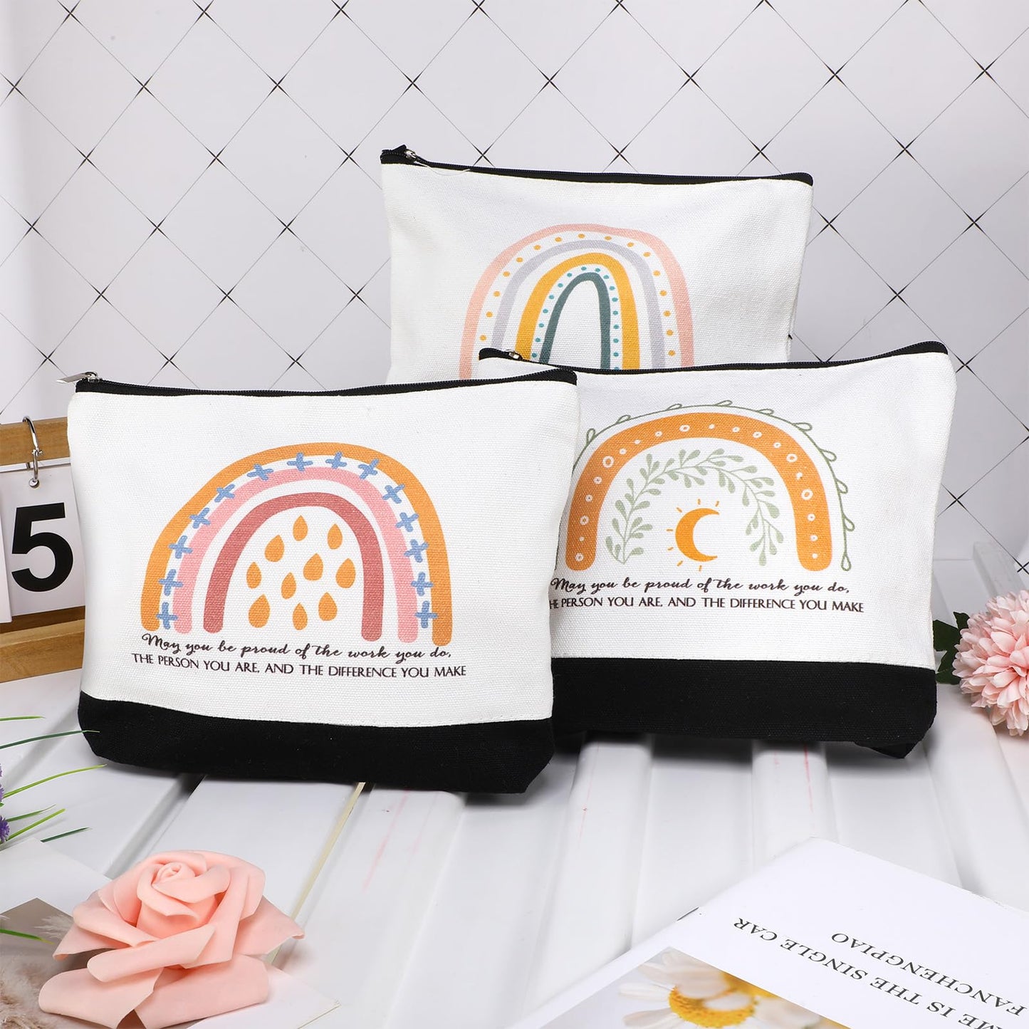 20 Pcs Boho Inspirational Gifts Cosmetic Bags May You Be Proud Gift Pouch Motivational Gift Rainbow Canvas Cosmetic Bag with Zipper Appreciation Makeup Bags for Women Nurse Week Teacher Employee
