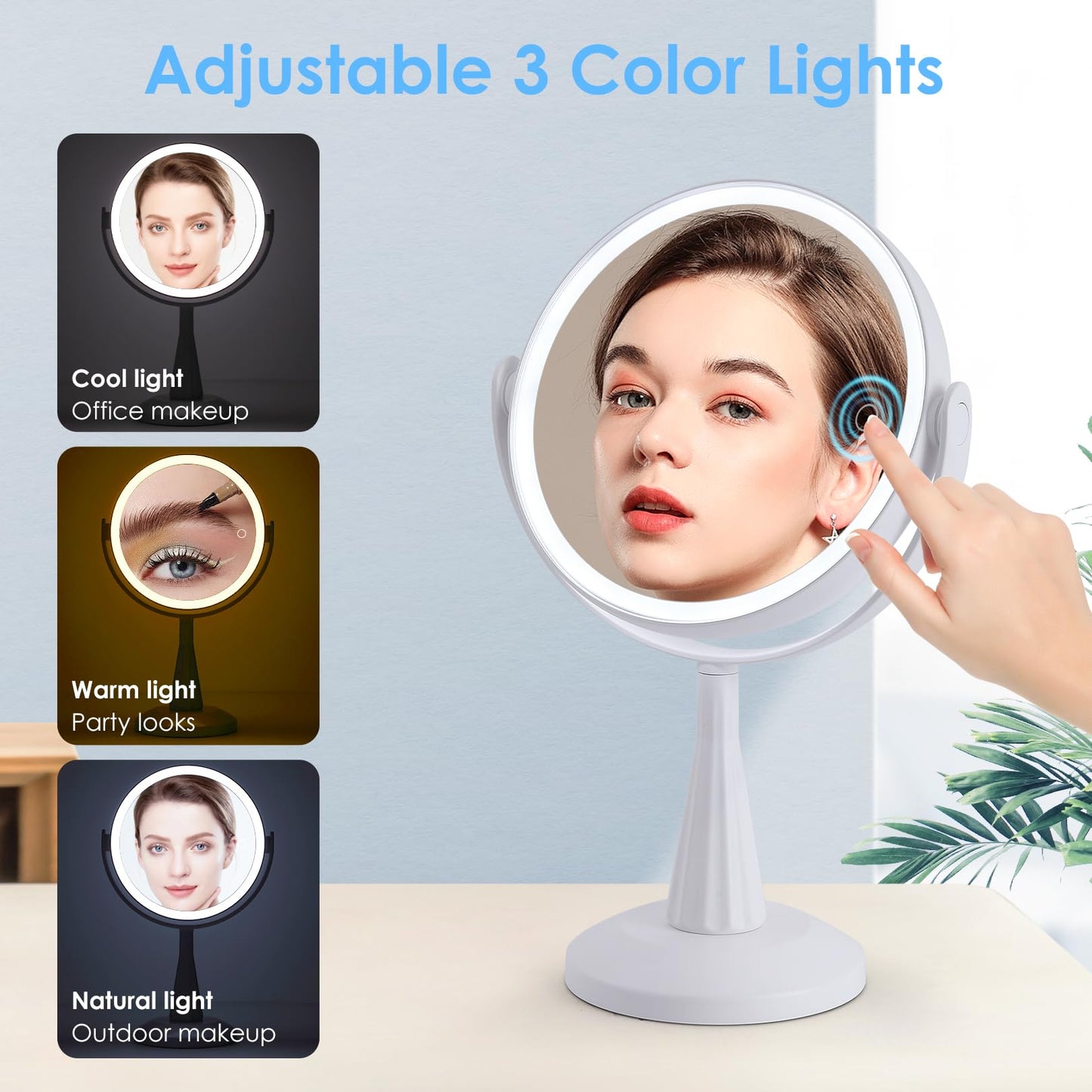 LUKYMIRO 1X 10x Magnifying Mirror with Lights, Double Sided 8" Lighted Makeup Mirror, Rechargeable, 360 Degree Rotation, White Plastic Frame, 8.6" L x 8.6" W x 13.8" H, Modern, Bathroom, Beauty, Home