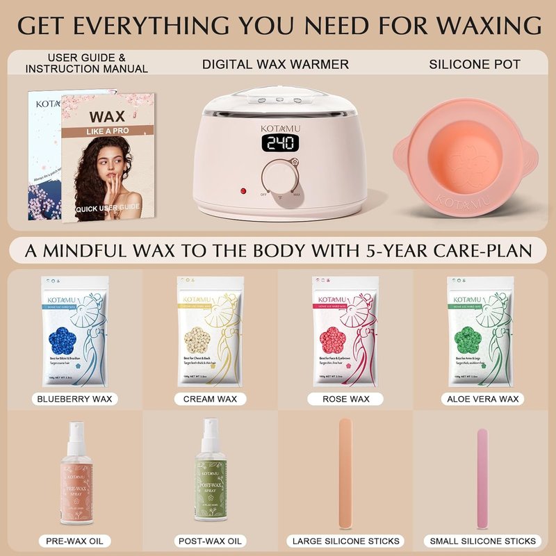 KOTAMU Waxing Kit - Digital Wax Warmer for Hair Removal | Silicone Pot, Ideal for Face, Eyebrow, Arms, Legs & Sensitive Skin