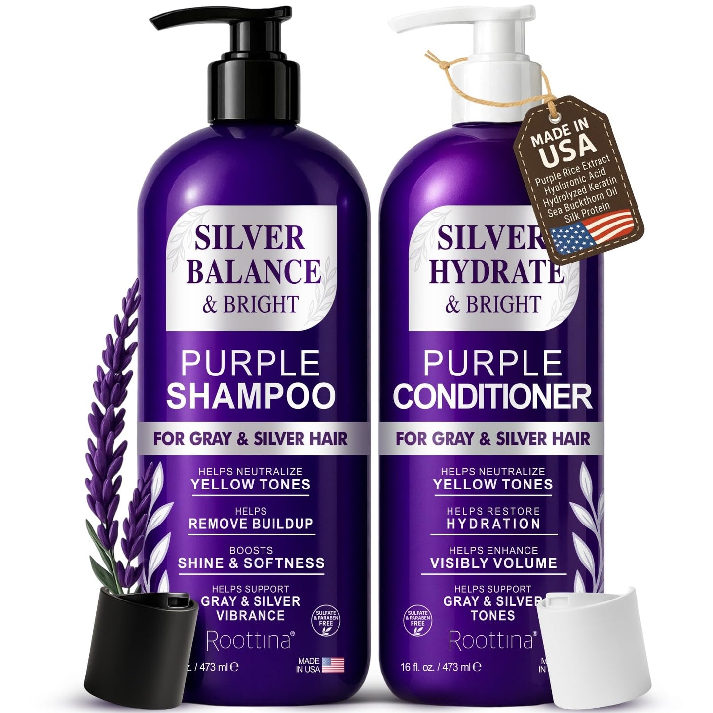 ROOTTINA Sulfate Free Brass Toning Purple Shampoo and Conditioner Set for Grey and Silver Hair, Moisturizing & Color-Safe, Enhances Shine & Brightness, Made in USA, (16 fl oz each)