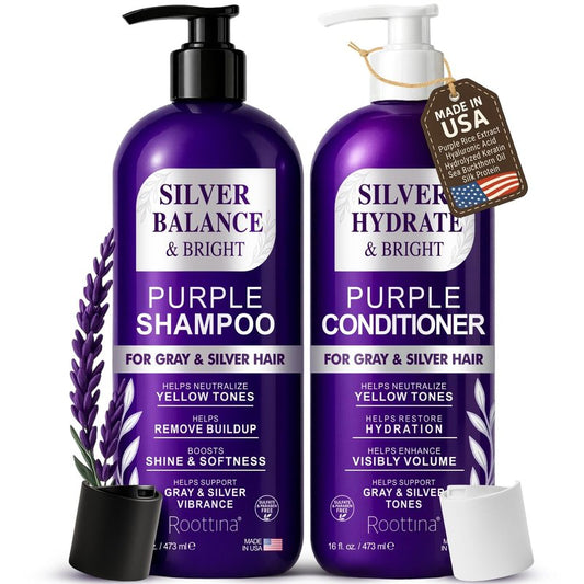 ROOTTINA Sulfate Free Brass Toning Purple Shampoo and Conditioner Set for Grey and Silver Hair, Moisturizing & Color-Safe, Enhances Shine & Brightness, Made in USA, (16 fl oz each)