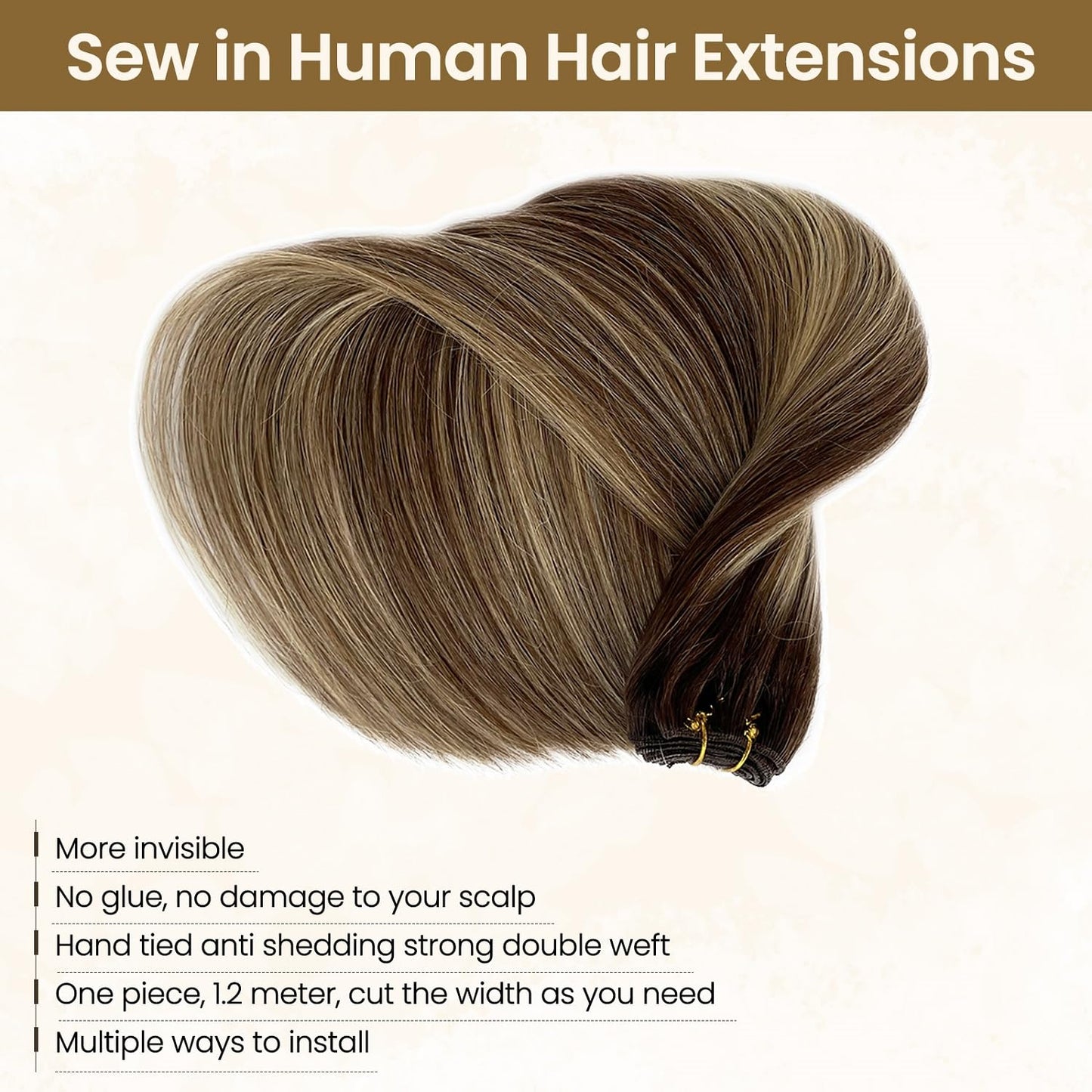 Sew in Human Hair Weft Extensions Honey Blonde Highlights Hand Tied Weft Hair Extensions 14 Inch #4T4/24 Straight Seamless Sew in Weave Bundles