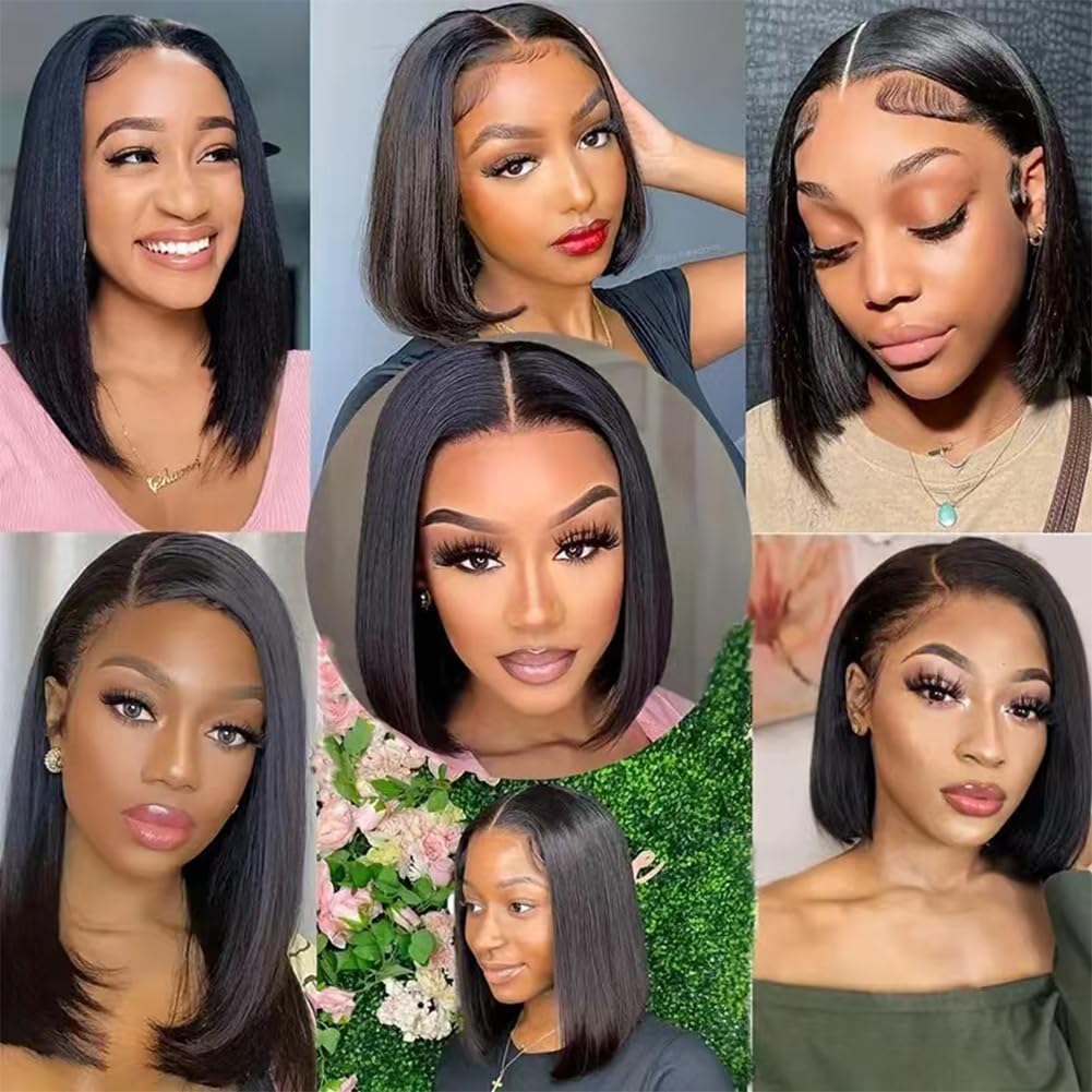 TONGMAY Bob Wig Human Hair 13x4 HD Transparent Lace Frontal Wigs for Women Glueless Short Straight Bob Lace Front Bob Wigs Pre Plucked with Baby Hair 180% Density Natural Black 10 Inch