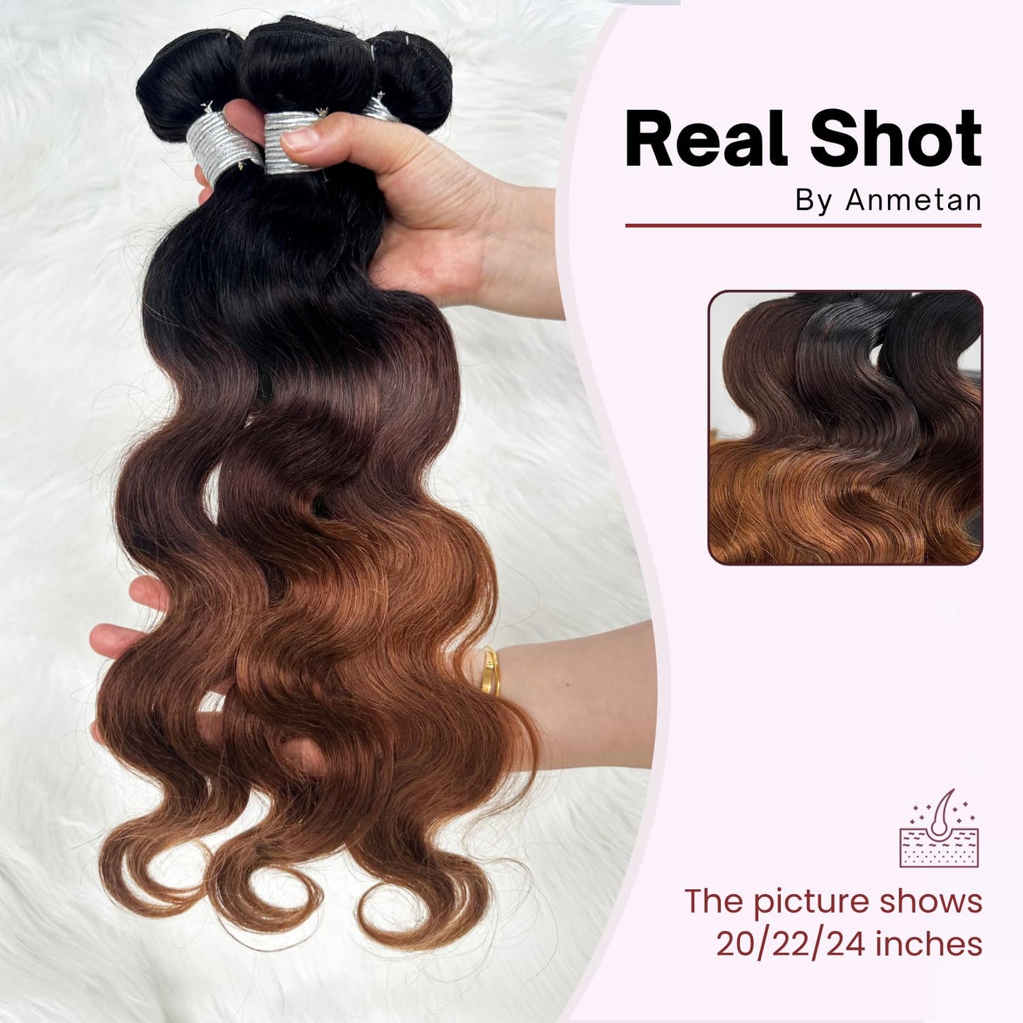 ANMETAN Dark Brown Ombre Body Wave Bundles Human Hair, Thick 12A Chestnut Brown T1B/2/30 3 Tone Ombre Color Human Hair Single Bundle with Dark Root 100% Remy Hair Bundle Keep Soft after Washes 16 Inch