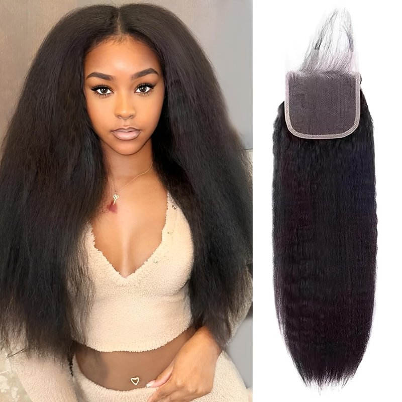 Kinky Straight 4x4 HD Lace Closure Human Hair Extensions 12A Brazilian Virgin Remy 100% Unprocessed Human Hair Yaki Straight Free Part Closure Only Pre Plucked With Baby Hair Natural Black 12 inch
