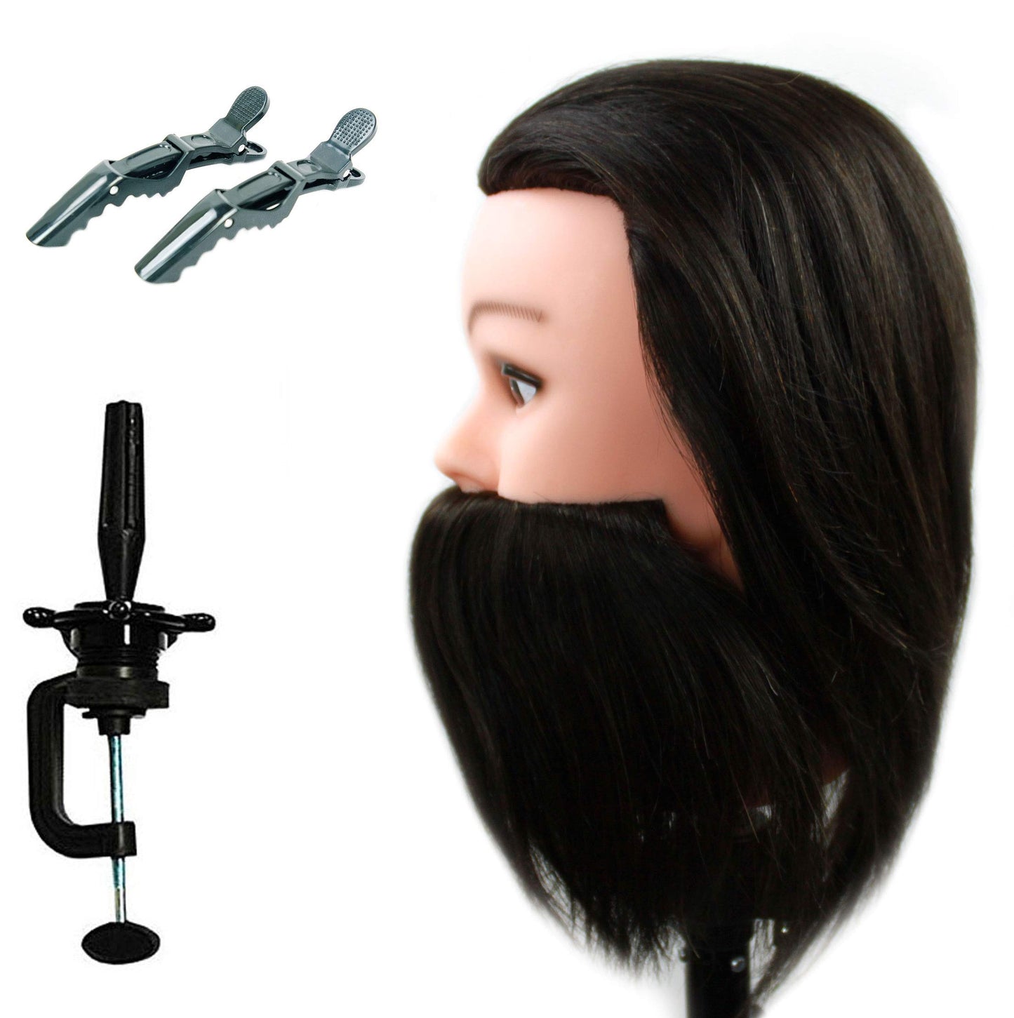 Man Male Mannequin Manikin 100% Human Hair Hairdresser Training Head With Beard Cosmetology Doll (Table Clamp Stand + Free Clips Included) (15" Male Human Hair, Dark Brown)