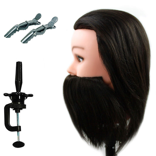 Man Male Mannequin Manikin 100% Human Hair Hairdresser Training Head With Beard Cosmetology Doll (Table Clamp Stand + Free Clips Included) (15" Male Human Hair, Dark Brown)