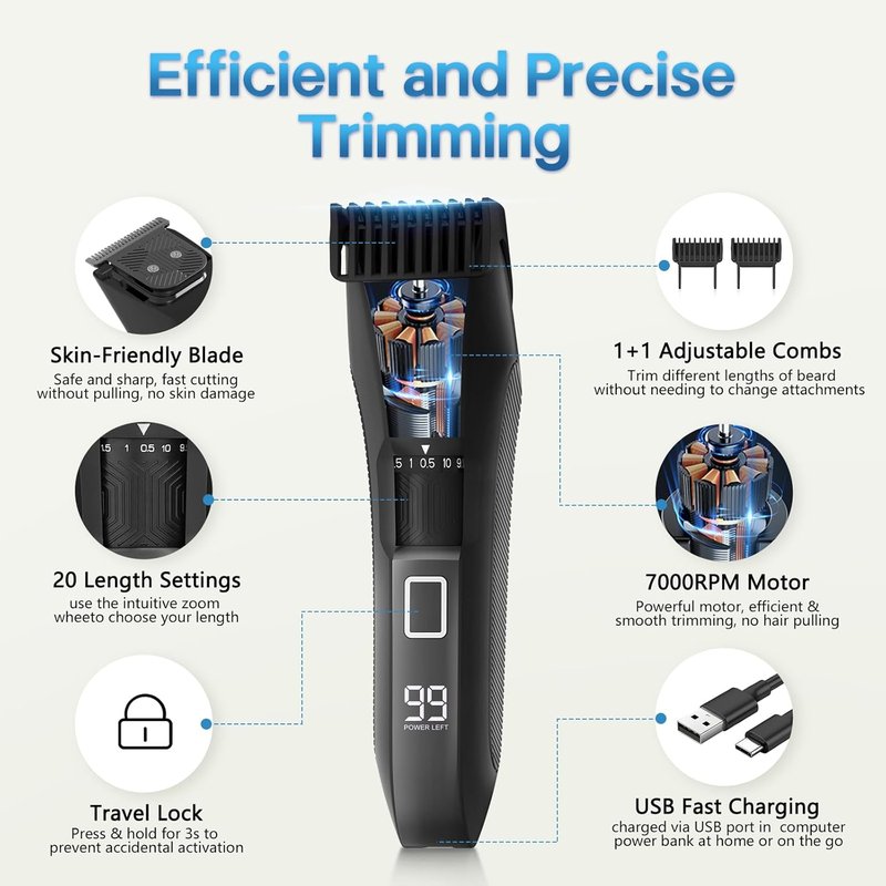 Beard Trimmer for Men - Cordless Waterproof Clippers with Adjustable Length & Stainless Steel T-Blade | LED Display & 2 Guide Combs