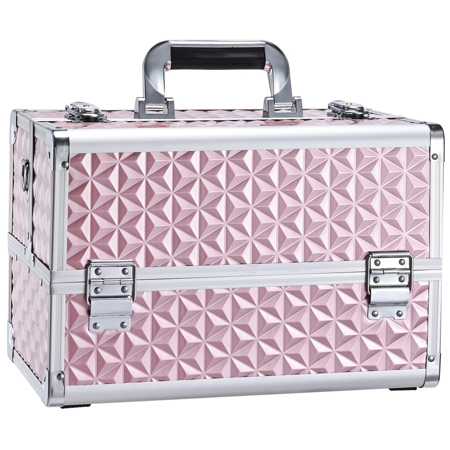 Joligrace Makeup Train Case Professional Cosmetic Organizer Aluminum Storage Box with 4 Adjustable Dividers Trays Lockable Portablewith Shoulder Strap - Neutral Pink