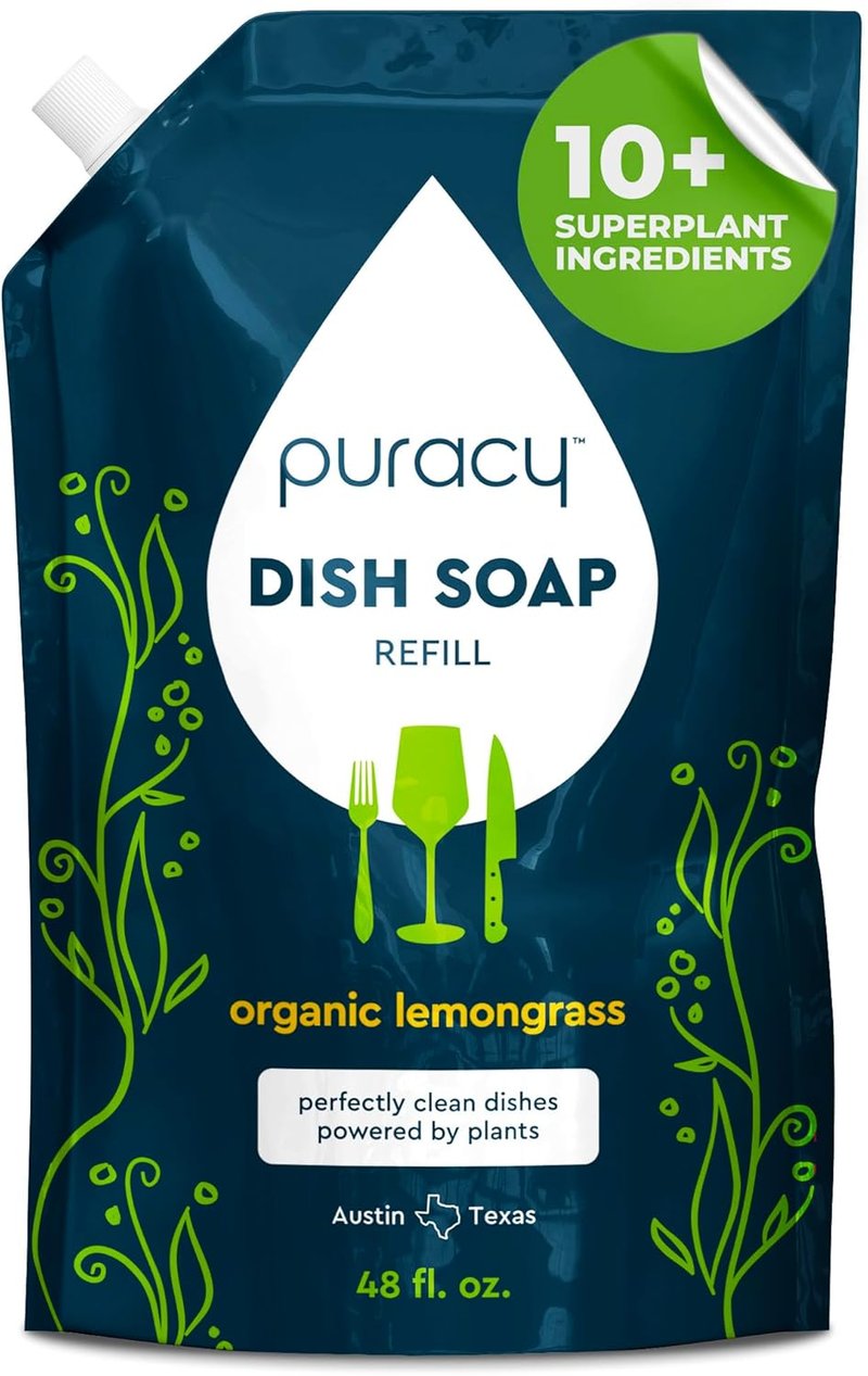 Puracy Natural Dish Soap Refill | Plant-Based Liquid Detergent for Soft Skin - Organic Lemongrass, 48 fl oz