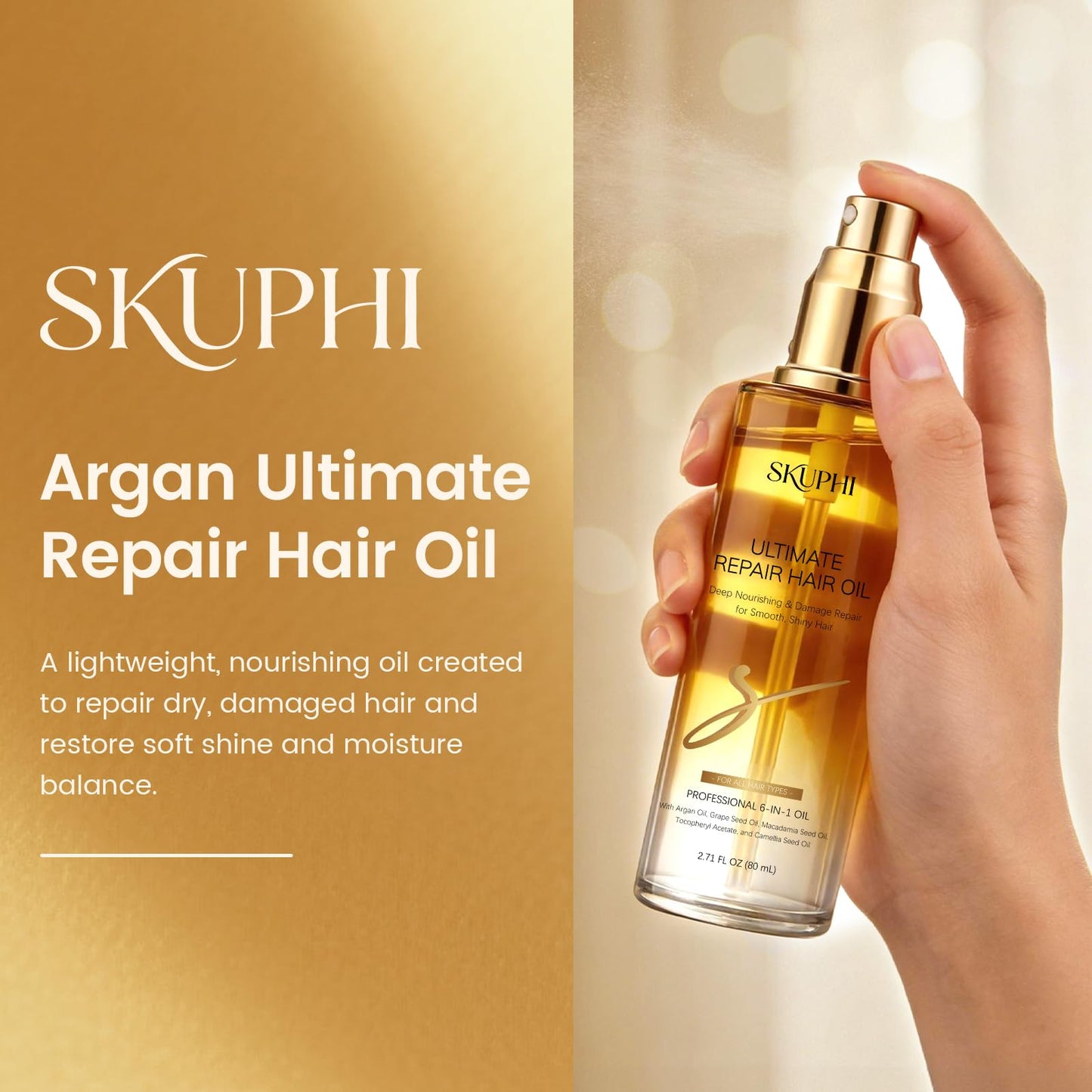 SKUPHI Hair Oil Spray Argan Oil of Morocco for Hair Healing Cold-Pressed Moroccan Argan Oil Serum Mist for Dry Damaged Frizzy Curly Hair Nourishing Treatment Heat Protector 80ml/2.7 fl.oz