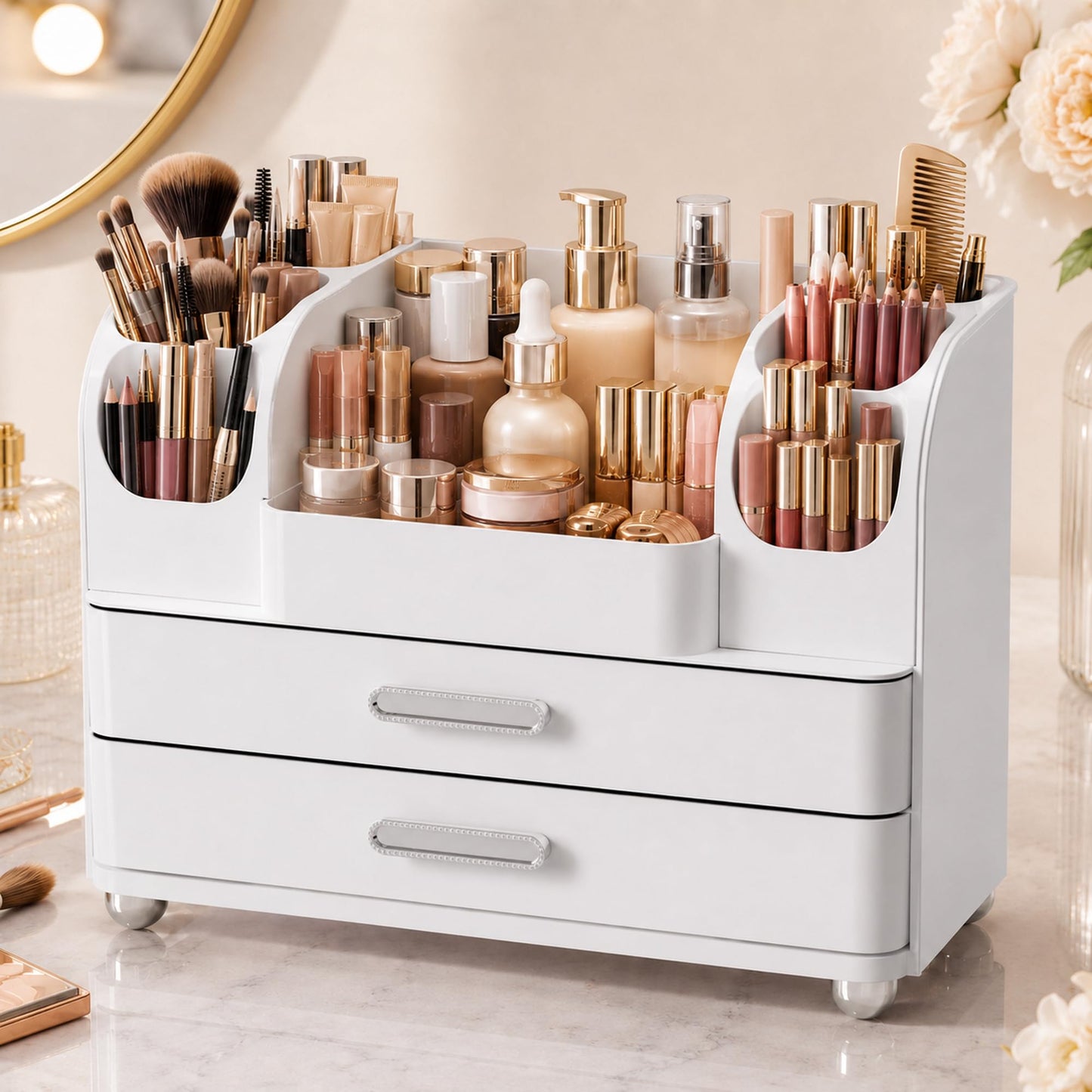 Makeup Organizer with 2 Drawers, Cosmetic Display Case, Storage Holder for Vanity, Bathroom Counter, Desk, Beauty Supplies (All White)