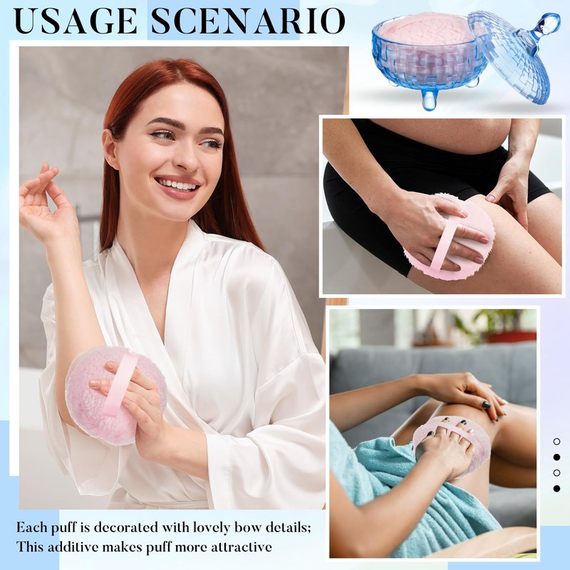 Tioncy 2 Pcs Extra Large Dusting Powder Puff and Container for Women-6'' Glass Crystal Dusting Powder Container with Body Soft Washable Reusable Velour Face(Blue,Weave Design)