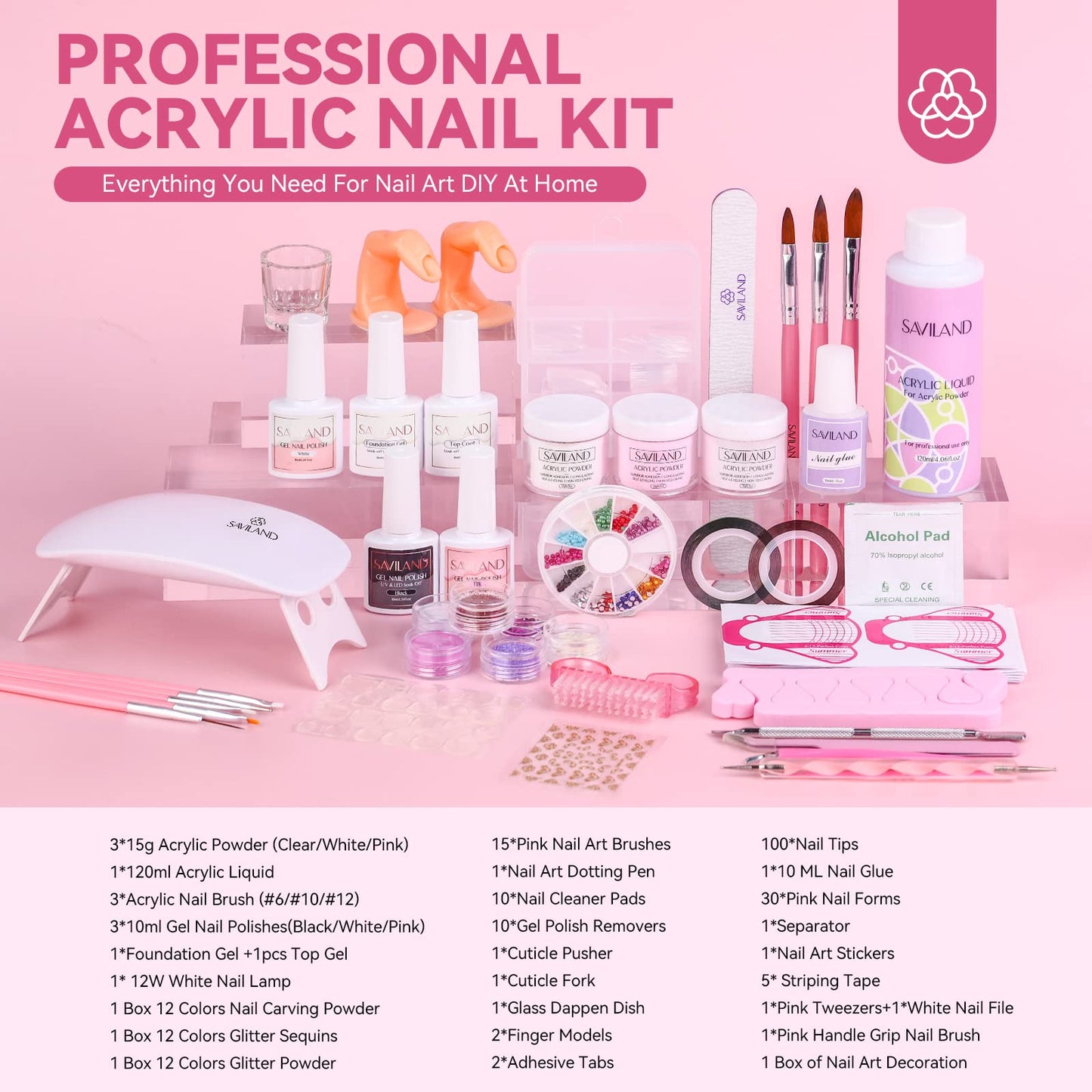 SAVILAND Acrylic Nail Kit with Everything: Complete Nails Kit Acrylic Set For Beginners & Enthusiasts Gel Polish Set U V Lamp, Nail Brushes, and Decorations for DIY Home Salon