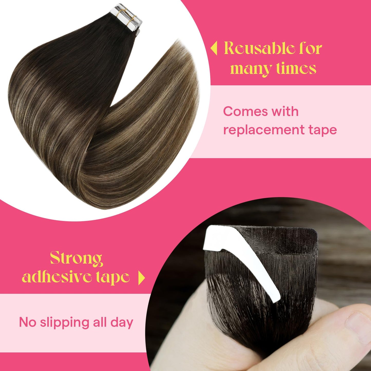 Ve Sunny Tape in Hair Extensions Real Human Hair Invisible Remy Human Hair Straight Tape Ins Double Sided Natural Black Ombre Dark Brown Balayage Ash Blonde 20 inch 10Pcs 25G