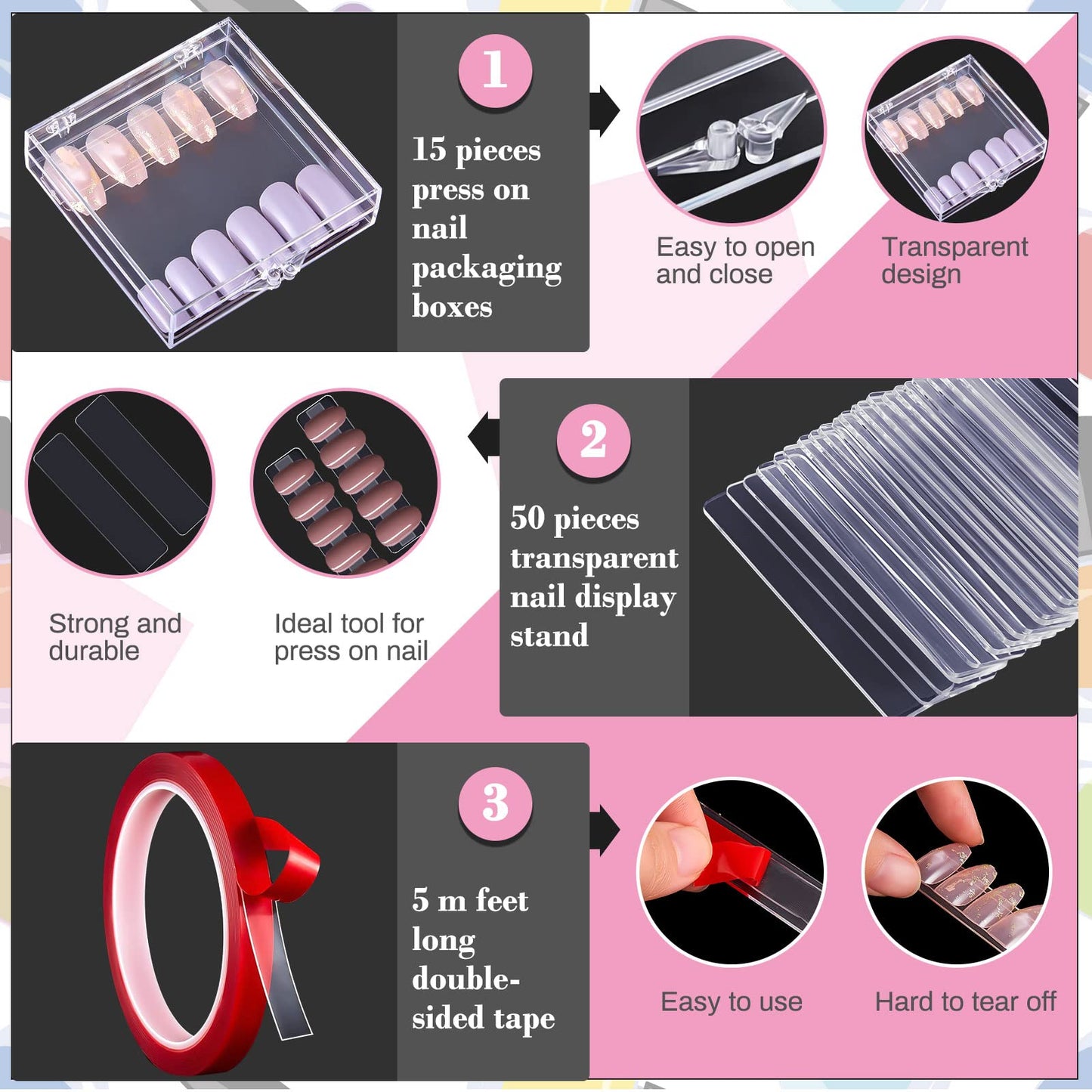 66 Pcs Artificial Nail Storage Box and Nail Art Display Stand Holder Set, 15 Plastic False Nail Packaging Boxes 50 Clear Press on Nail Stand with 5 M Double Sided Tape for Acrylic Nails Practice Salon