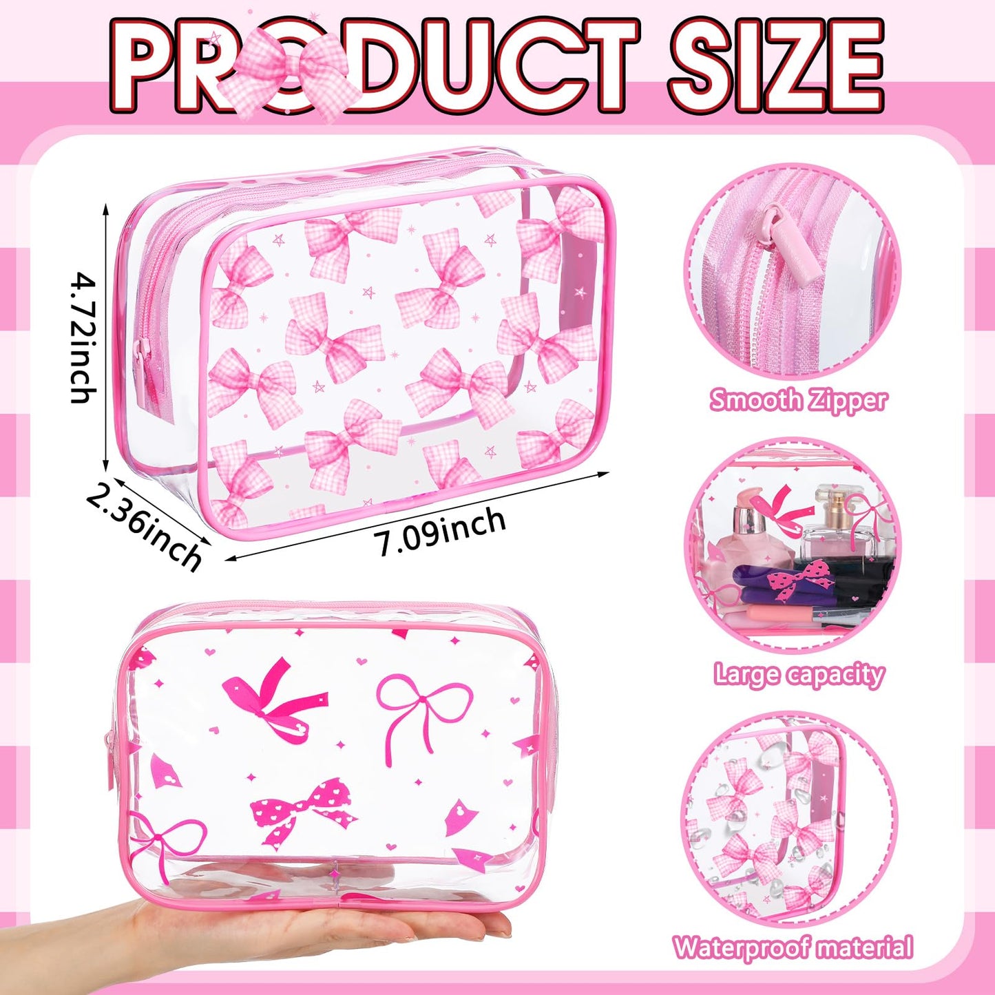 Kacctyen 8 Pcs Pink Bow Makeup Bag Coquette Party Favors Clear Preppy PVC Cosmetic Bags Aesthetic Waterproof Travel Toiletry Zipper Pouch for Women Girls Wedding Bachelorette Gifts