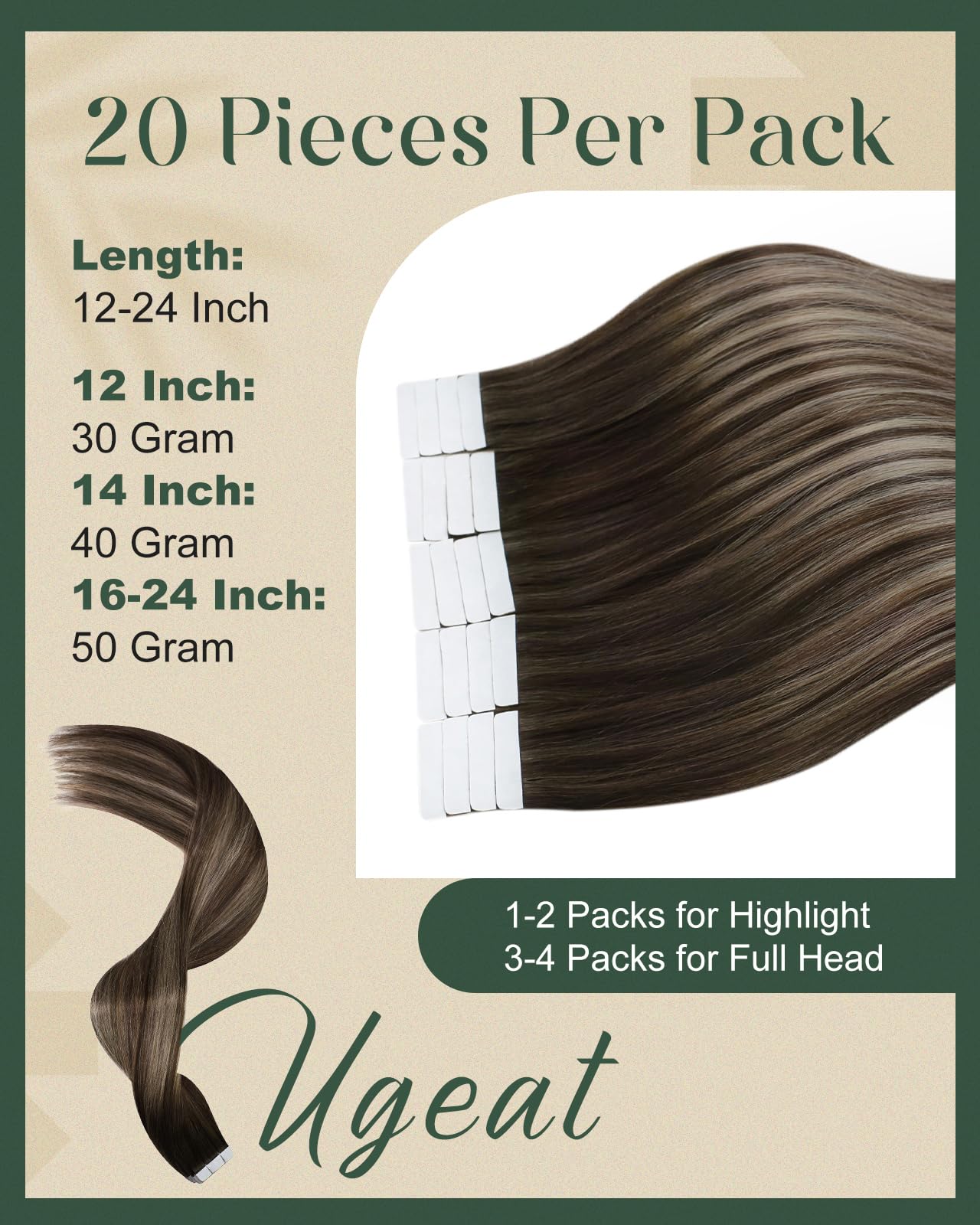 Ugeat Dark Brown Tape in Hair Extensions Human Hair Ombre Hair Extensions Tape in Dark Brown Mix Ash Brown Balayage Color Invisible Seamless Short Length for Wedding 14 Inch 20Pcs 40G