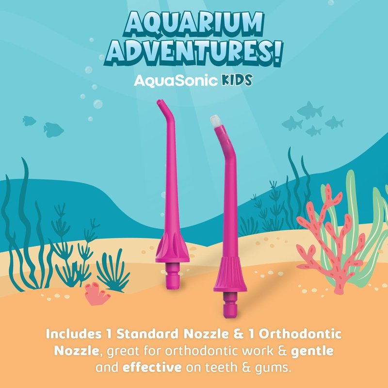 AquaSonic Kids' Water Flosser - 4 Flossing Modes, Orthodontic Nozzle | Pink Aquarium Adventures Design
