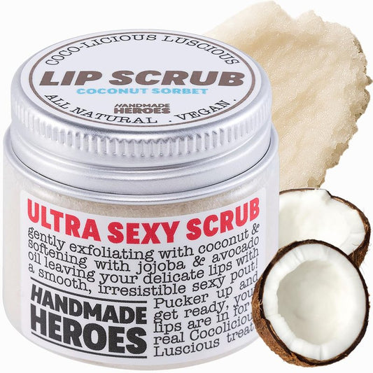 Handmade Heroes 100% Natural Lip Scrub, Vegan Conditioning Coconut Lip Exfoliator - Gentle Exfoliant, Ultra Sexy Sugar Lip Mask Polish and Scrubber for Chapped Dry and Dark Lips, 1oz (Coconut Sorbet)