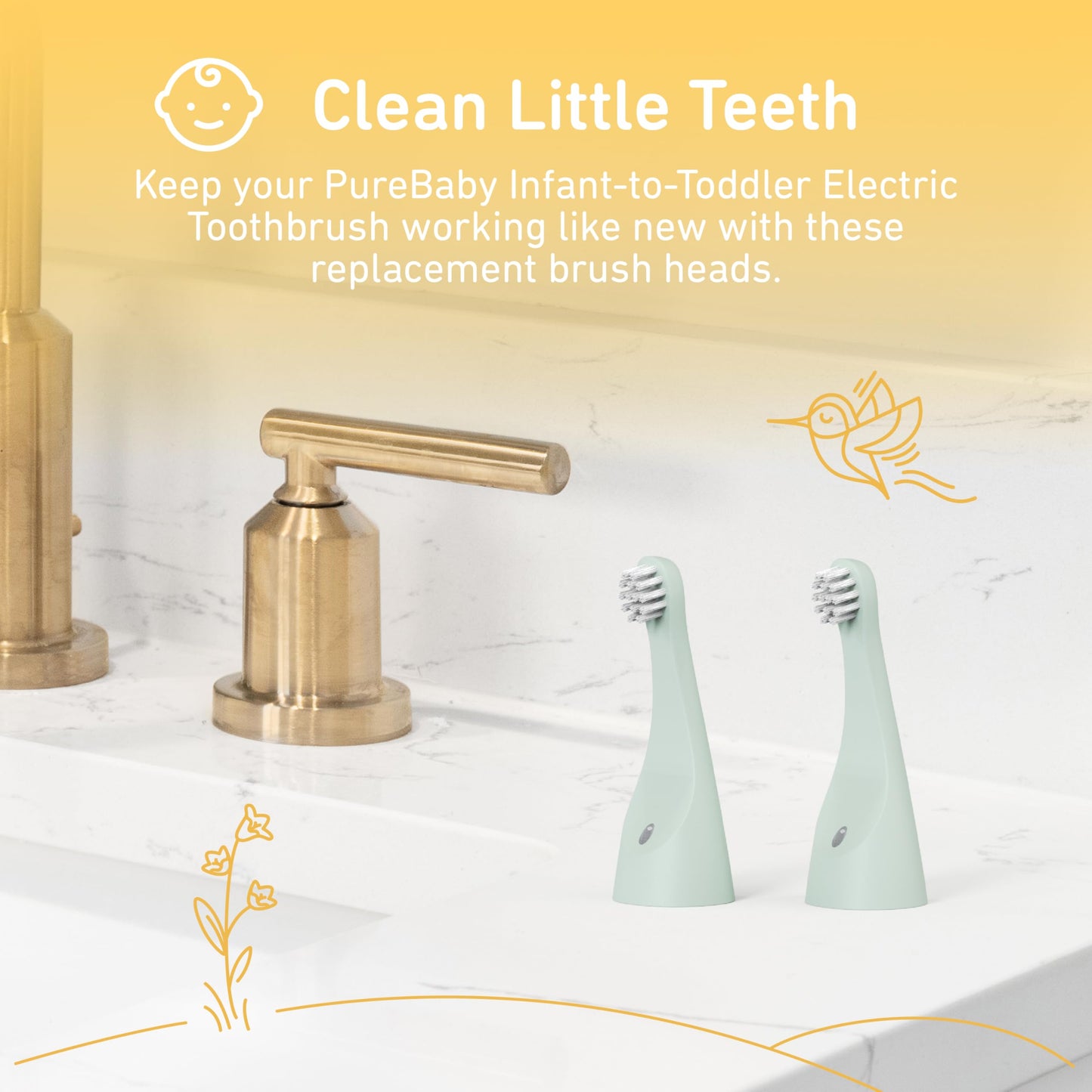Pure Enrichment PureBaby 2-Pack Replacement Bristle Brush Heads for the Infant-to-Toddler Electric Toothbrush (PEBBYBSH-SG) - Ages 1-3 Years