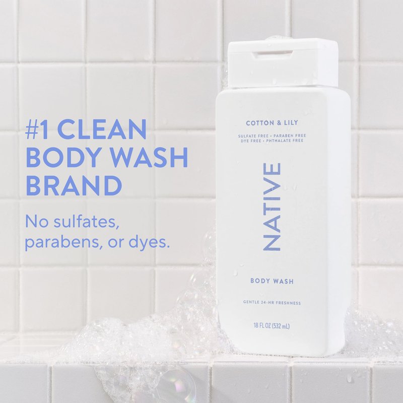 Native Cotton & Lily Scent 24-Hr Refreshing Clean Body Wash for Women & Men, for All Skin Types Incl. Sensitive, Leaves Skin Feeling Clean & Soft, Free of Phthalates, Sulfates & Parabens, 18 oz