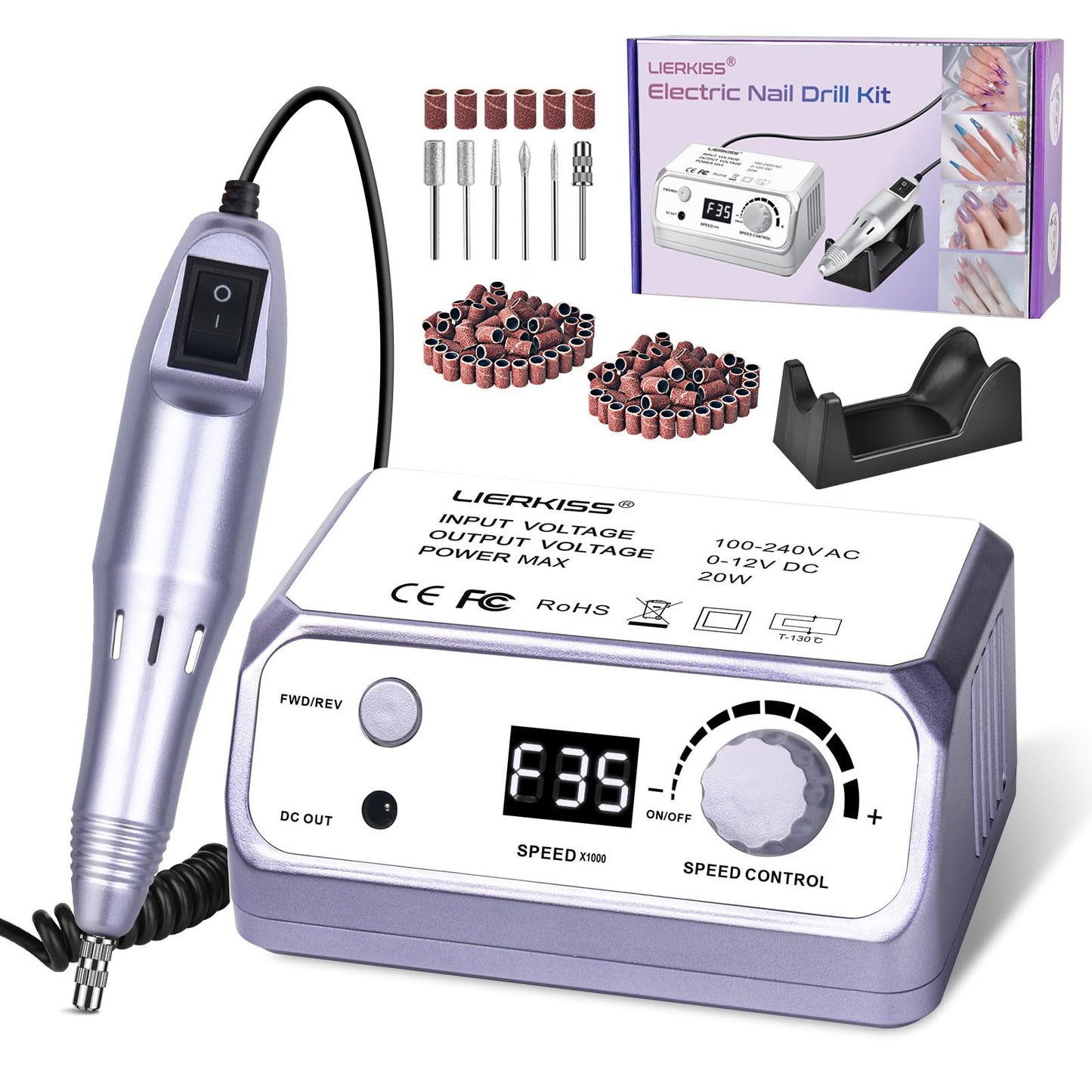 LIERKISS Nail Drill 35000RPM Electric Nail File Drill Nails Machine - Professional Nails Drill with 100pcs Sanding Bands and Nail Drill Bits for Acrylic, Gel Nail Manicure & Pedicure
