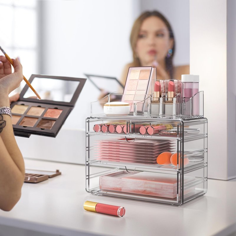 Delamu 4-Tier Clear Makeup Organizer with Drawer, Stackable Acrylic Cosmetic Storage for Bathroom Vanity, Dresser Countertop, Make Up and Jewelry Storage, Beauty Holder for Lipstick Brush Skincare