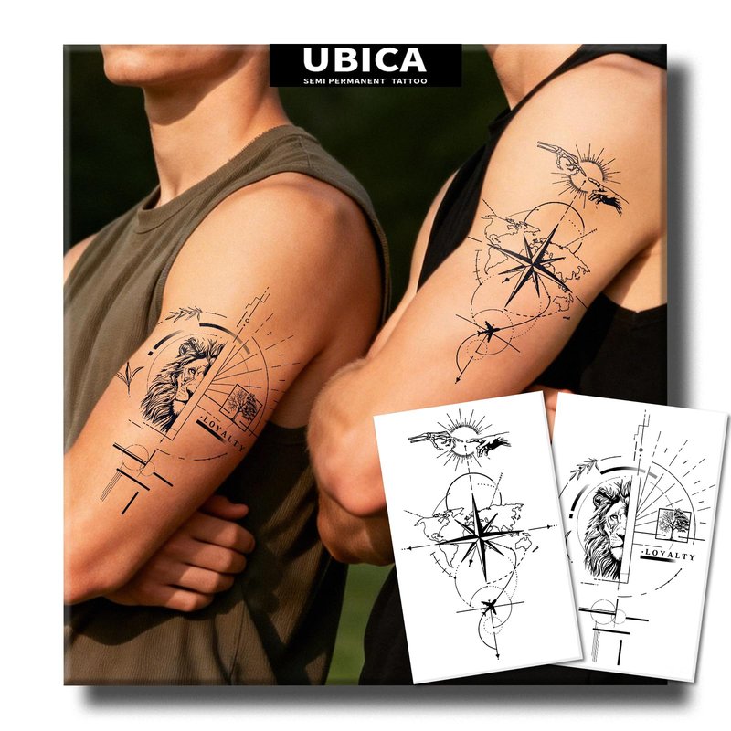 UBICA Semi Permanent Tattoos, 2 Sheets Large Realistic Compass World Adventure & Lion Head Loyalty Temporary Tattoos for Men, 2 Weeks Arm Thigh Calf Fake Tattoos, Waterproof & Non-Reflective Tattoos