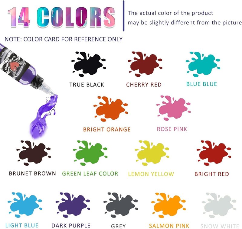 Tattoo Ink Set - 14 Colors 1oz Bottles for 3D Makeup & Body Art | Professional & Beginner Use