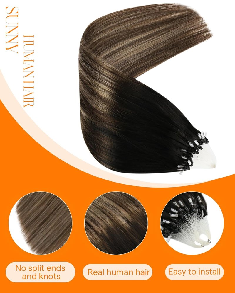 Microlink Remy Human Hair Extensions - 18 Inch Black Balayage Brown Ombre Blonde | Natural Fullness for Weddings & Events, 50g