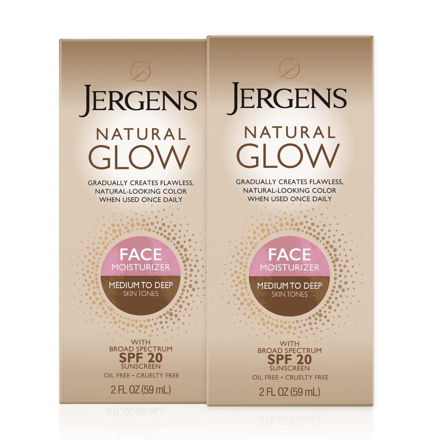 Jergens Natural Glow Face Self Tanner Lotion with SPF 20, Sunless Tanning, Medium to Deep Skin Tone Moisturizer, Daily Facial Sunscreen, Oil Free, Broad Spectrum UVA/UVB Protection, 2 Oz, Pack of 2