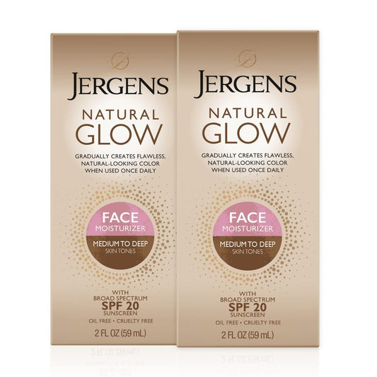 Jergens Natural Glow Face Self Tanner Lotion with SPF 20, Sunless Tanning, Medium to Deep Skin Tone Moisturizer, Daily Facial Sunscreen, Oil Free, Broad Spectrum UVA/UVB Protection, 2 Oz, Pack of 2